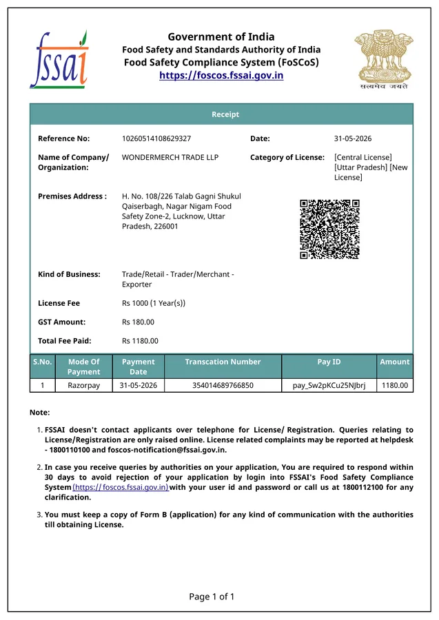 Preview of FSSAI application receipt